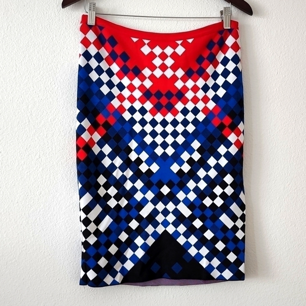 Alexander wang Geometric checker red, white, blue and black pencil knitted skirt